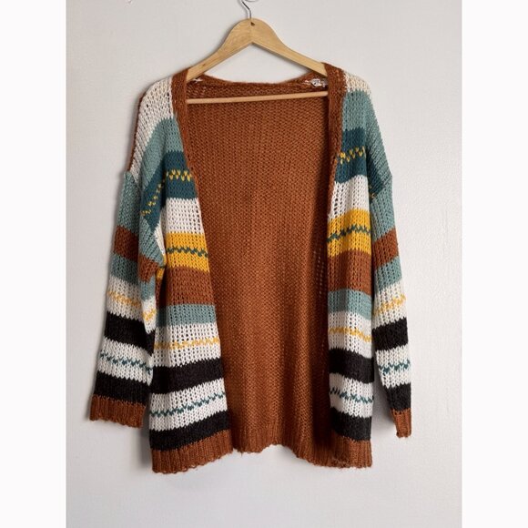 Boho Striped Open Front Knit Cardigan Sweater Women’s Size L Oversized Fall Cozy - Picture 3 of 8